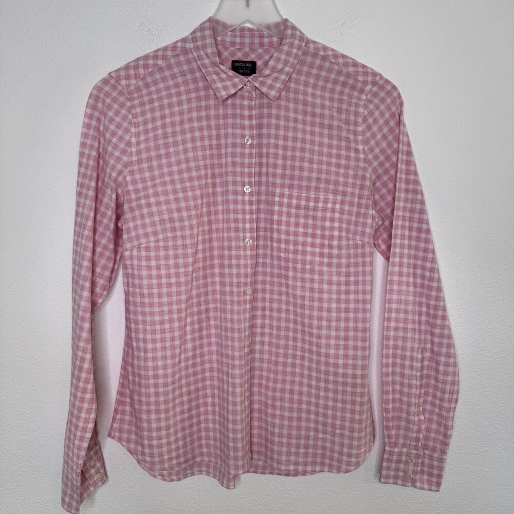 Untuckit Women Calina Gingham Button Shirt Size 8 Pink Long Sleeve Preppy Cotton - Picture 2 of 11